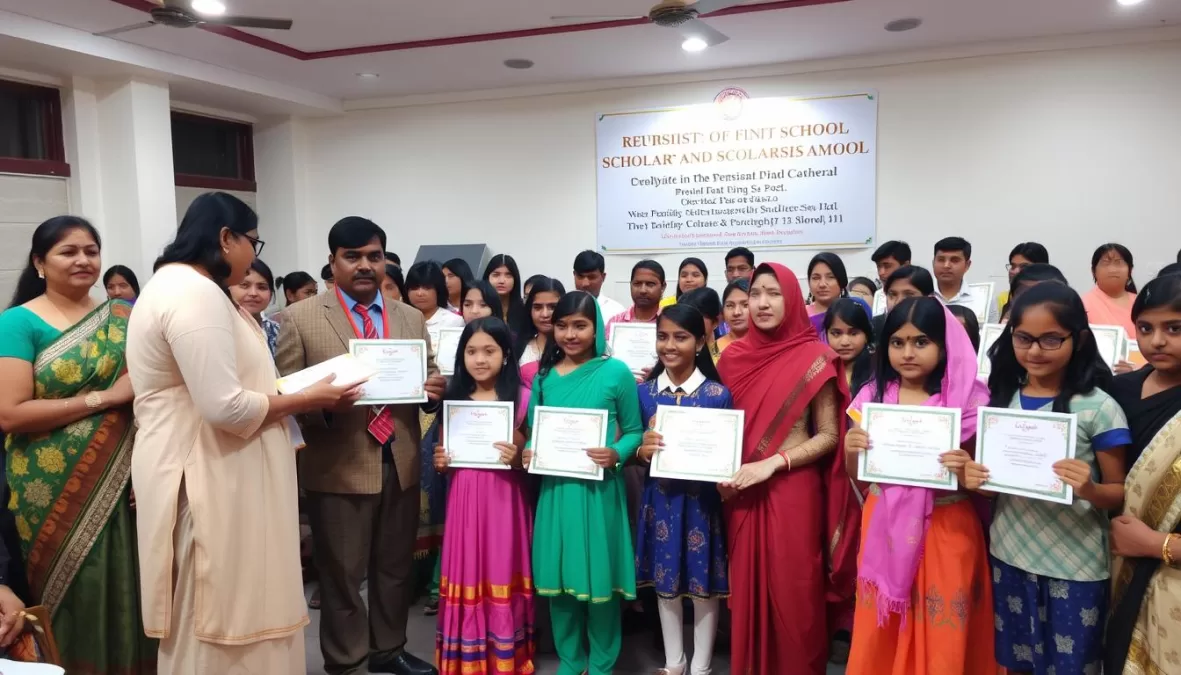 Students receiving scholarship awards at a prestigious Indian school ceremony