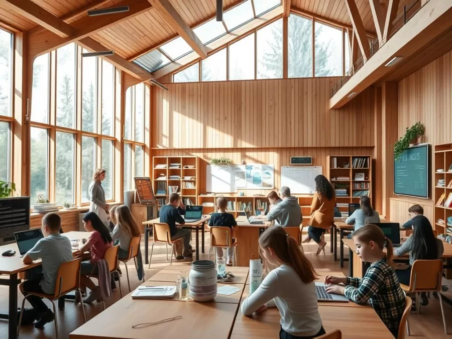Swedish students in an open-concept classroom with natural elements and technology integration