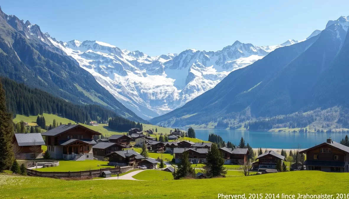 Swiss Alps with a traditional village, representing Switzerland as one of the safest countries to travel in 2025