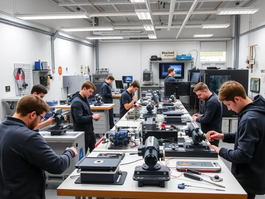 Swiss vocational education classroom with students working on precision engineering projects