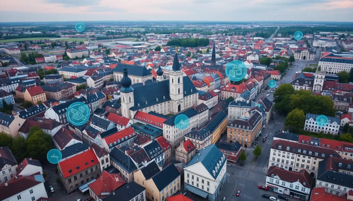 Tallinn, Estonia skyline with digital overlay representing e-Residency program