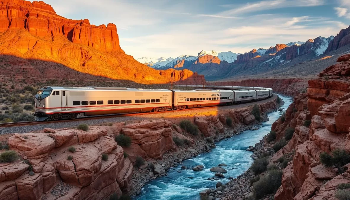 The California Zephyr train passing through the Rocky Mountains with dramatic canyon views