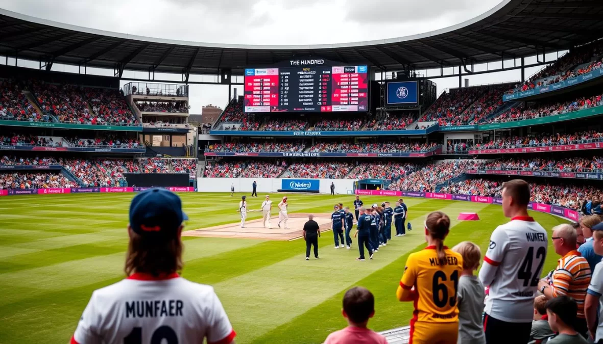 The Hundred match with unique scoreboard display and diverse crowd