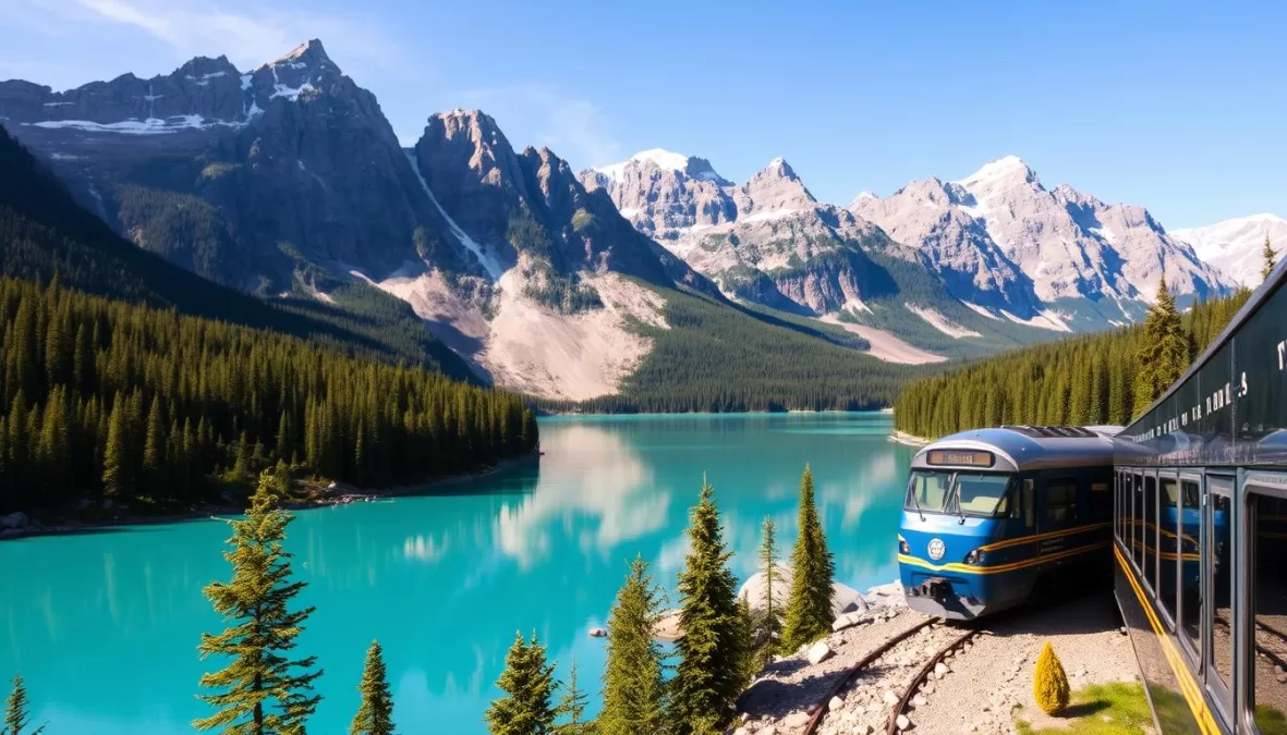 The Rocky Mountaineer train with its glass-dome roof traveling alongside a turquoise mountain lake in the Canadian Rockies