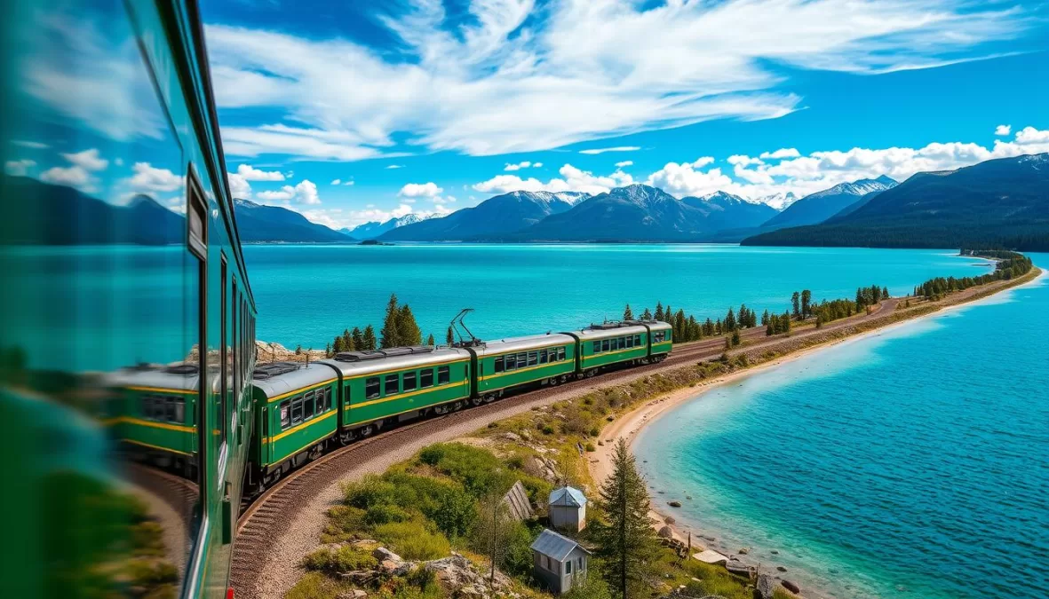 The Trans-Siberian train passing Lake Baikal with snow-capped mountains in the background