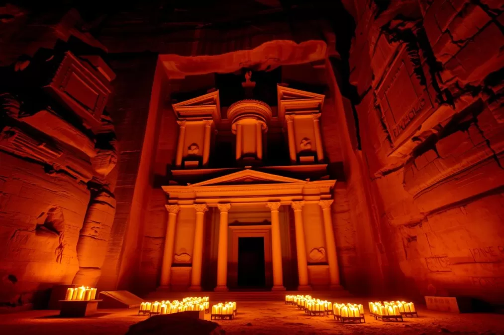 The Treasury at Petra, Jordan illuminated by candlelight at night - Most Instagrammable Travel Destinations in 2025