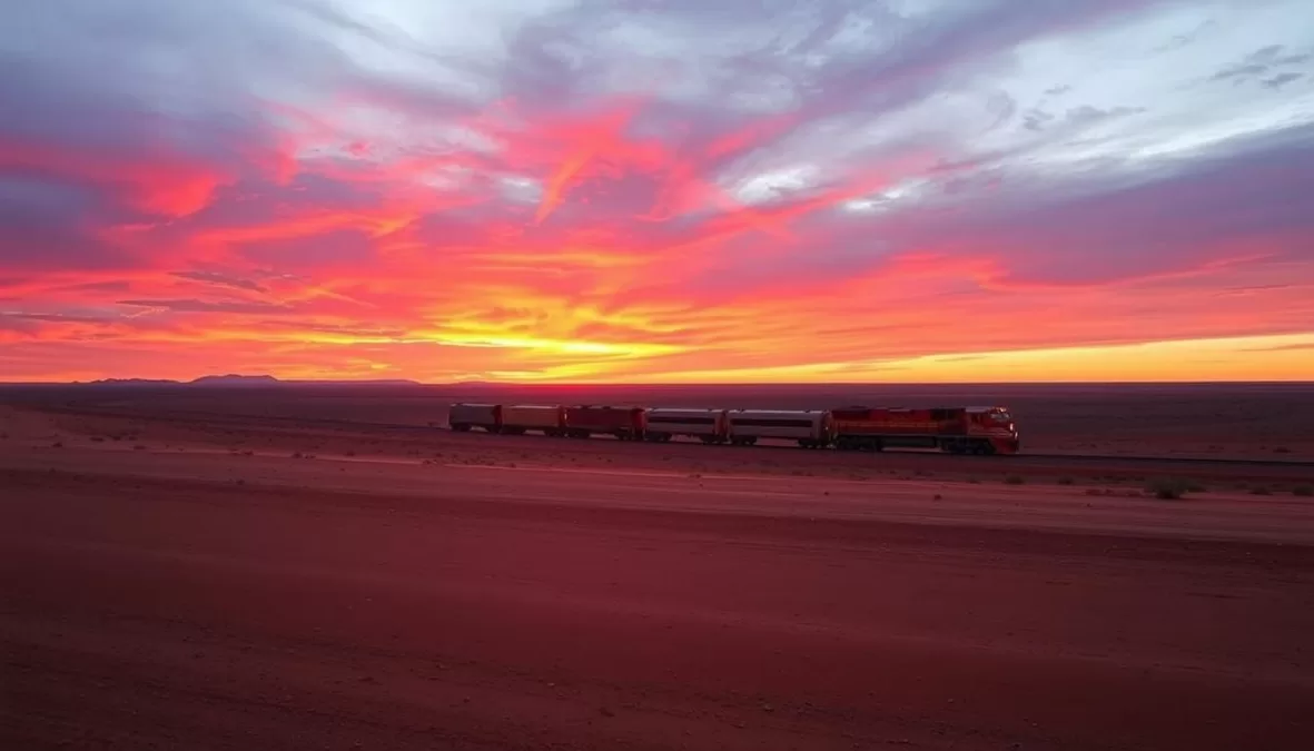 The iconic red Ghan train cutting through Australia's red center desert landscape at sunset