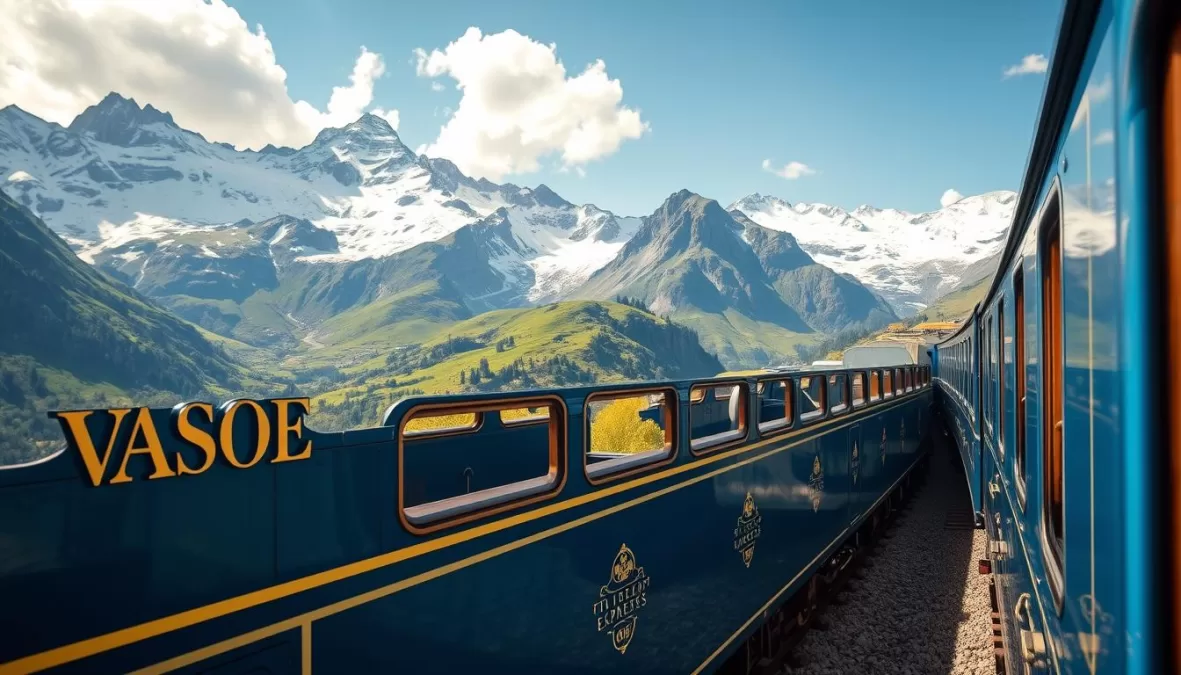 The luxurious Venice Simplon-Orient-Express with its iconic blue carriages passing through the Alps