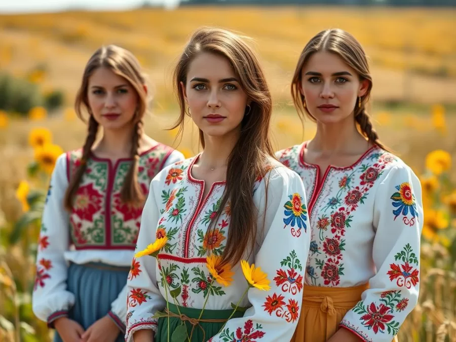 Ukrainian women in traditional embroidered vyshyvanka showcasing the country's distinctive Slavic beauty
