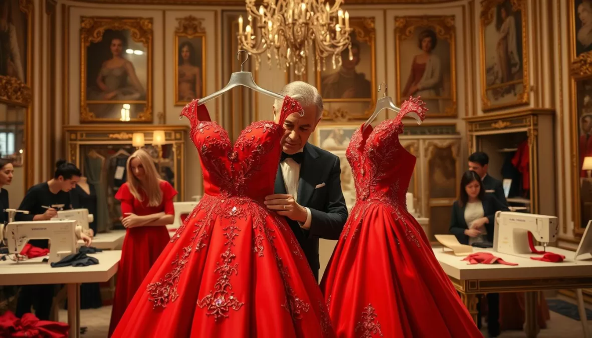 Valentino Garavani working on a couture gown in his atelier