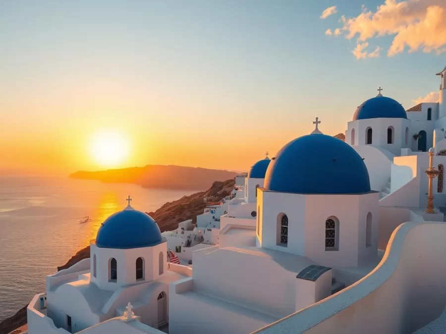 Whitewashed buildings with blue domes in Santorini, Greece at sunset - Most Instagrammable Travel Destinations in 2025