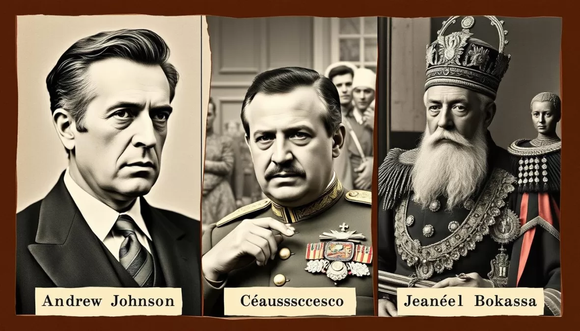 A collage showing Andrew Johnson, Nicolás Ceaușescu, and Jean-Bédel Bokassa with imagery of their respective failures