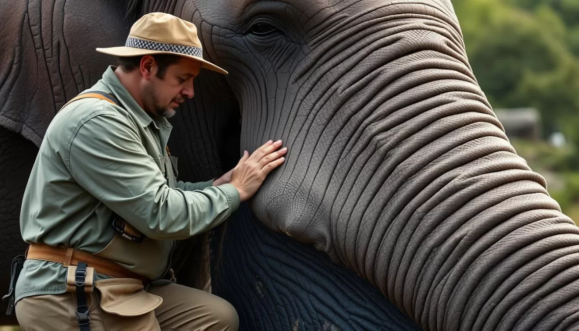 A conservation worker monitoring a large endangered animal, highlighting conservation efforts for the largest animals on Earth