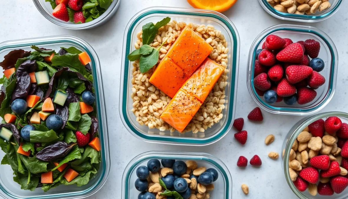 A healthy meal prep with various superfoods in containers