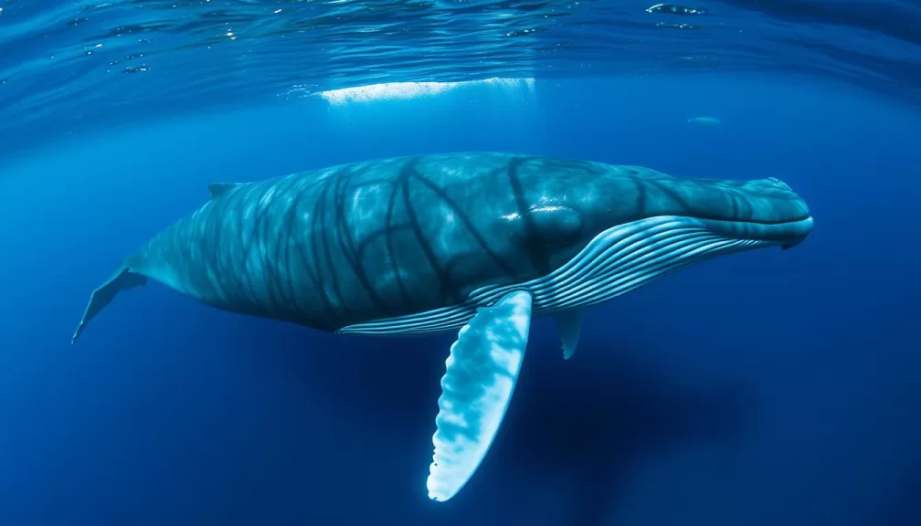 A massive blue whale swimming in deep ocean waters, showcasing its enormous size as the largest animal on Earth
