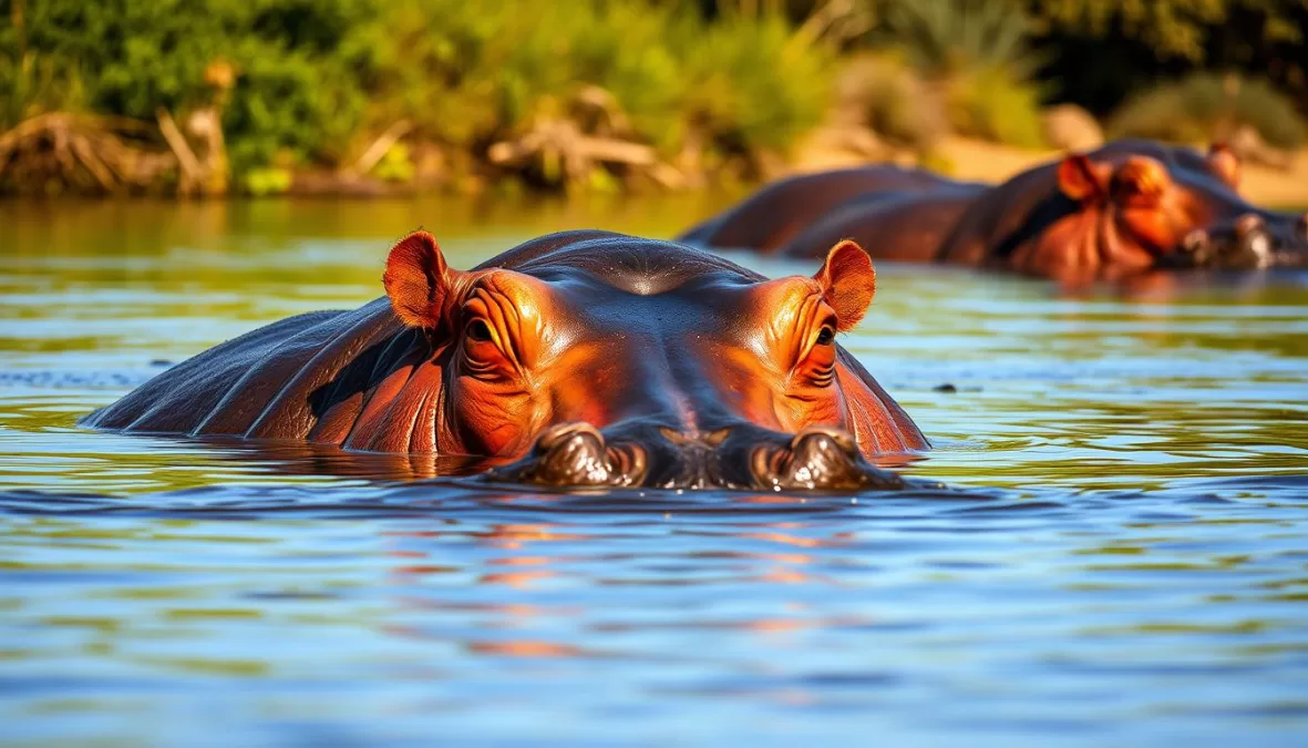 A massive hippopotamus partially submerged in water, showing its status as one of the largest animals on Earth