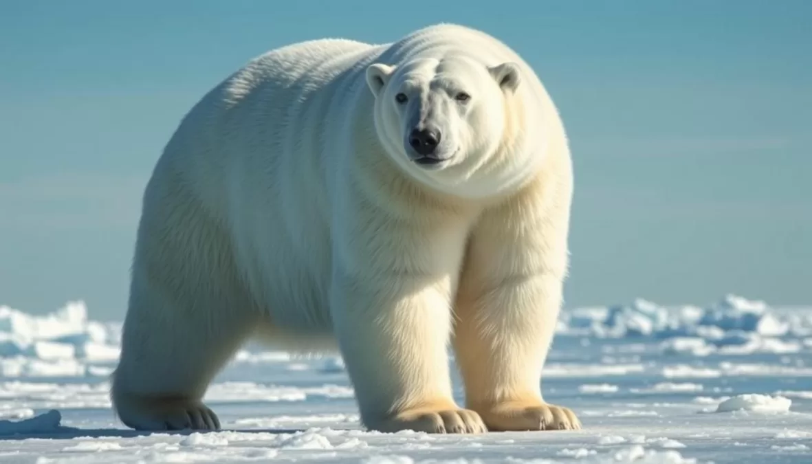 A massive polar bear standing on Arctic ice, showcasing its status as the largest land carnivore on Earth