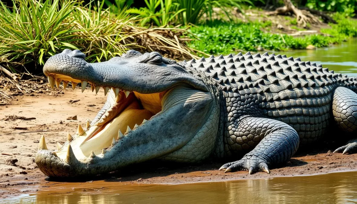 A massive saltwater crocodile basking on a riverbank, demonstrating its status as the largest reptile on Earth