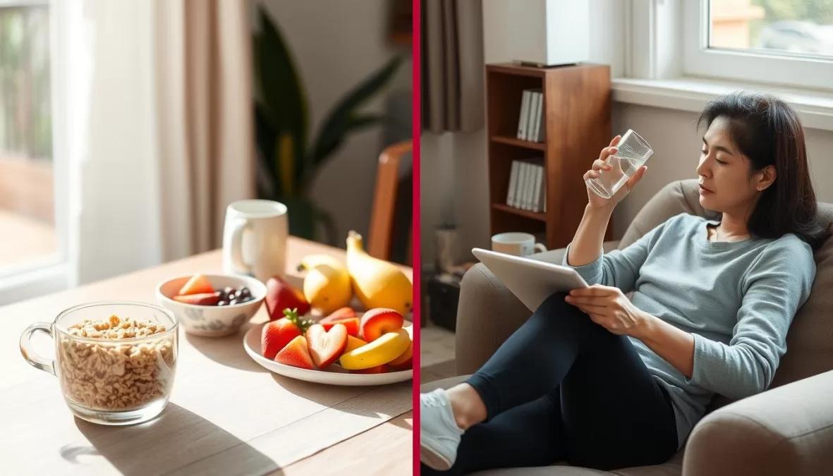 A split image showing a traditional breakfast spread on one side and a person comfortably skipping breakfast on the other, illustrating personal choice in breakfast habits