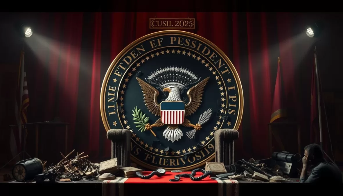 A symbolic image showing a broken presidential seal or throne with the effects of failed leadership like poverty, conflict and oppression