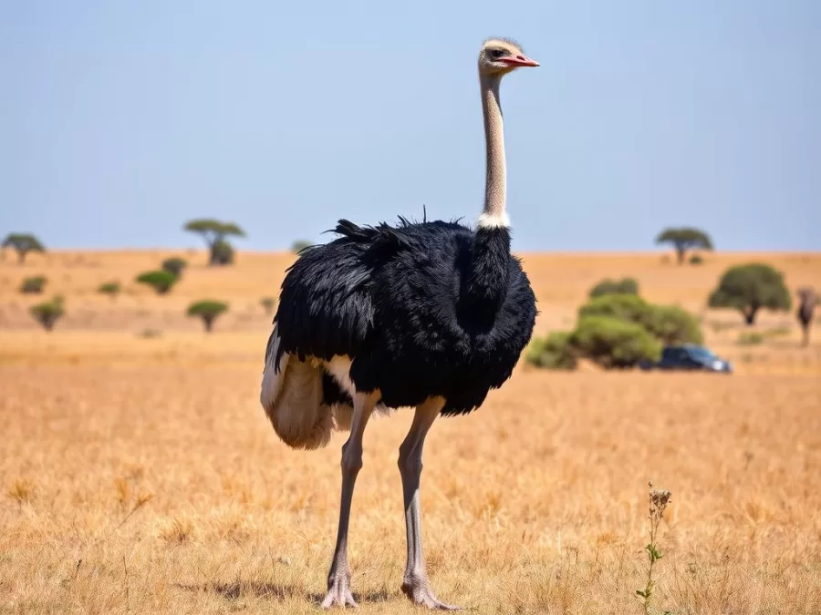 A tall ostrich standing in grassland habitat, showing its status as the largest bird on Earth