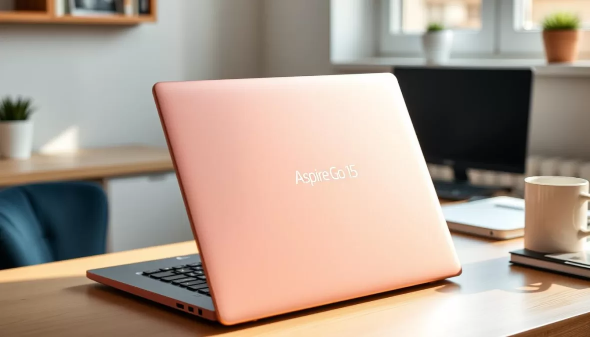 Acer Aspire Go 15 laptop showing its large display and full-sized keyboard