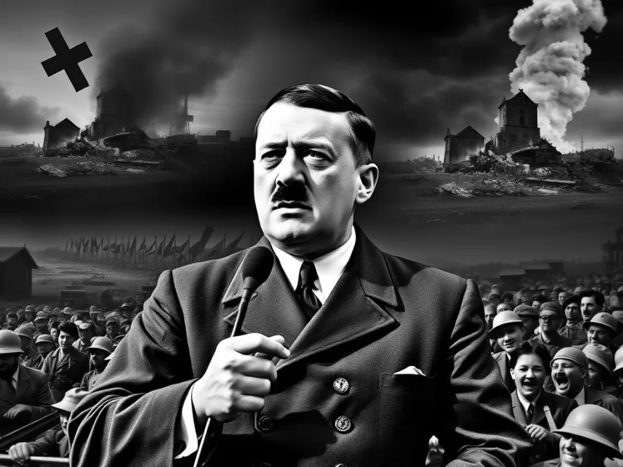 Adolf Hitler giving a speech with images of World War II destruction and Holocaust victims in the background