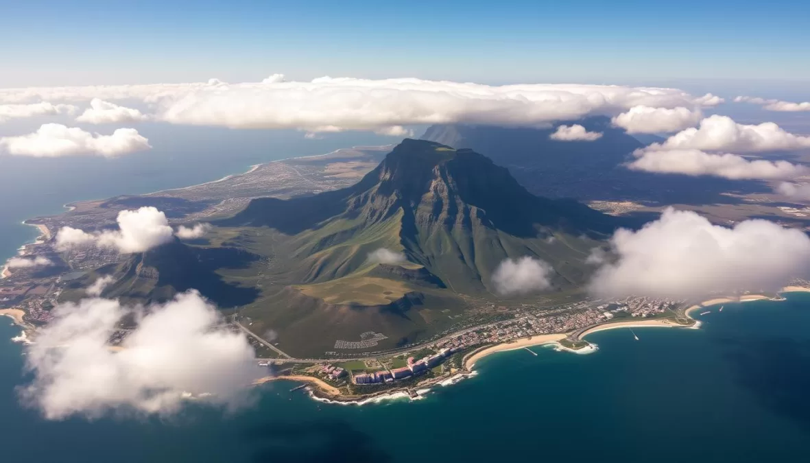 Aerial view of Cape Town with Table Mountain and coastline