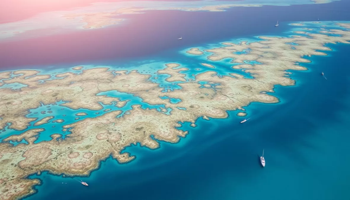 Aerial view of Great Barrier Reef with coral formations and turquoise waters