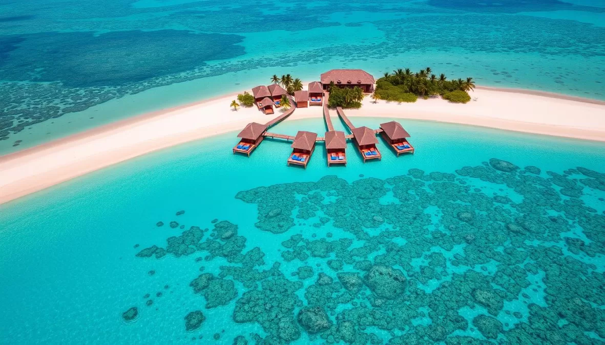 Aerial view of Maldives island resort with overwater bungalows and coral reef