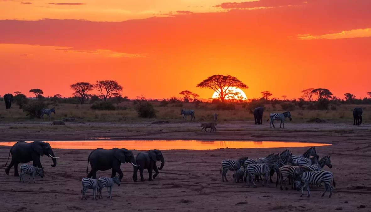 African savanna landscape in Kruger National Park with diverse wildlife including elephants and predators