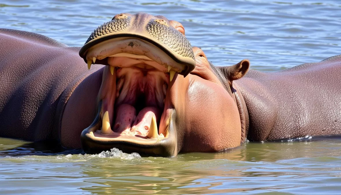 Aggressive hippopotamus with open mouth showing teeth in water, one of the deadliest animals in the world
