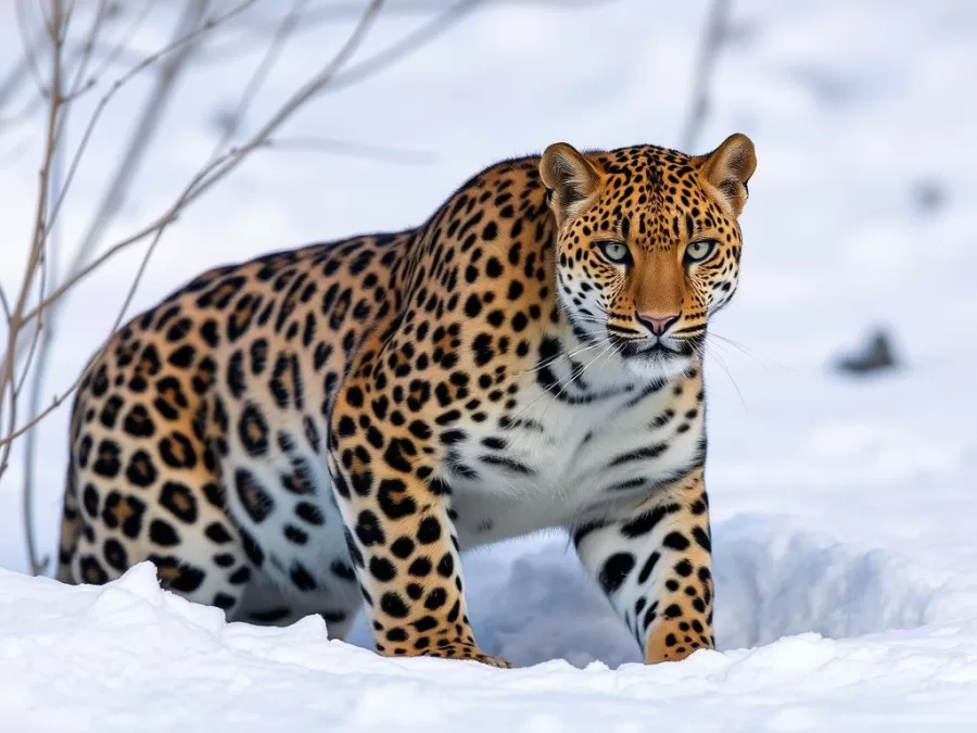 Amur leopard in snowy habitat, one of the most endangered animals in the world 2025