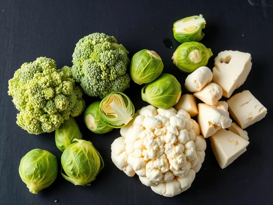 Assortment of cruciferous vegetables including broccoli, Brussels sprouts, and cauliflower