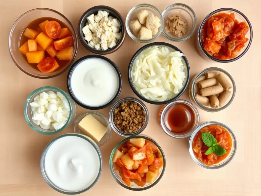 Assortment of fermented foods including yogurt, kefir, sauerkraut, and kimchi