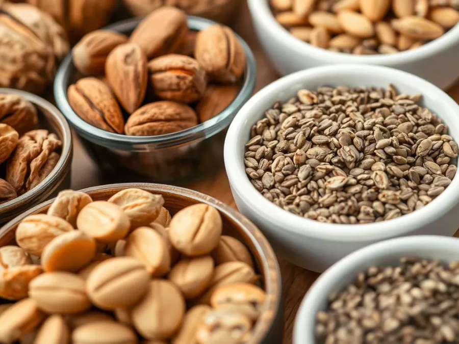 Assortment of nuts and seeds including walnuts, almonds, flaxseeds, and chia seeds