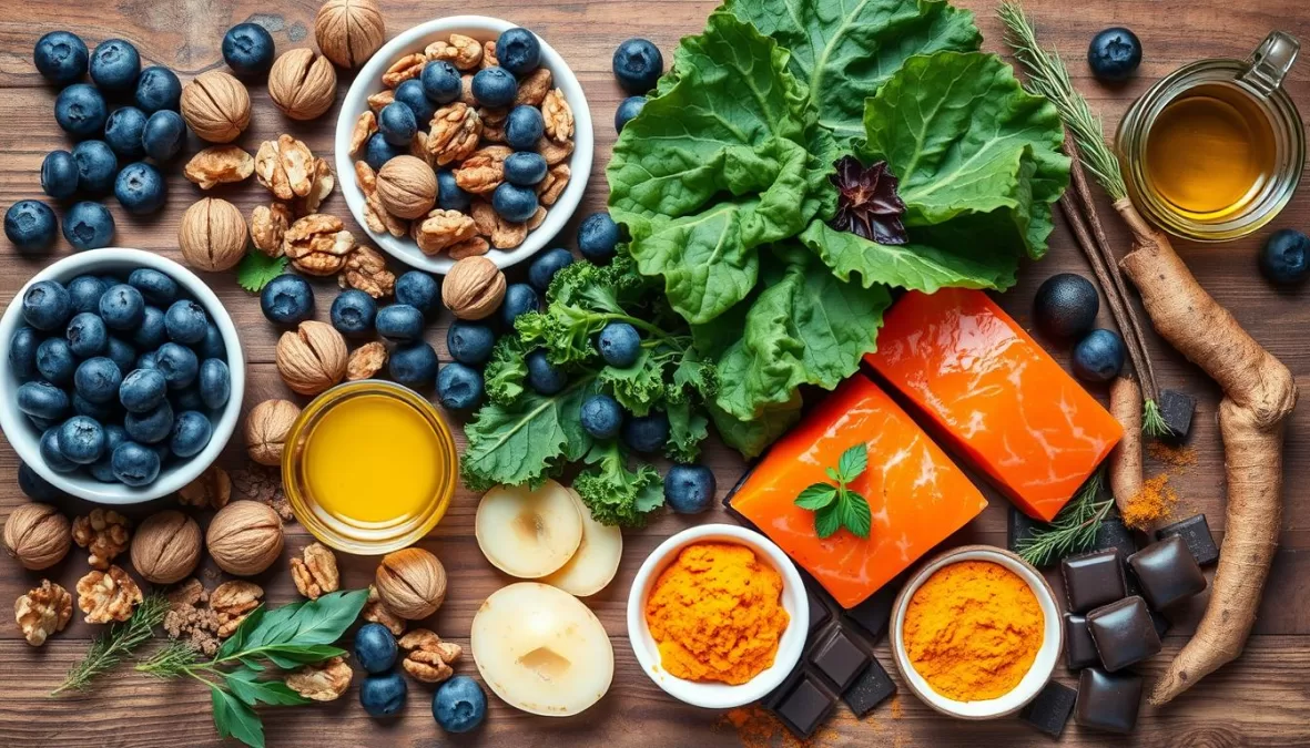 Assortment of superfoods backed by science including berries, nuts, leafy greens, and fish on a wooden table