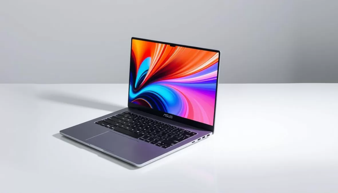 Asus Zenbook 14 OLED laptop showing its vibrant OLED display and slim profile