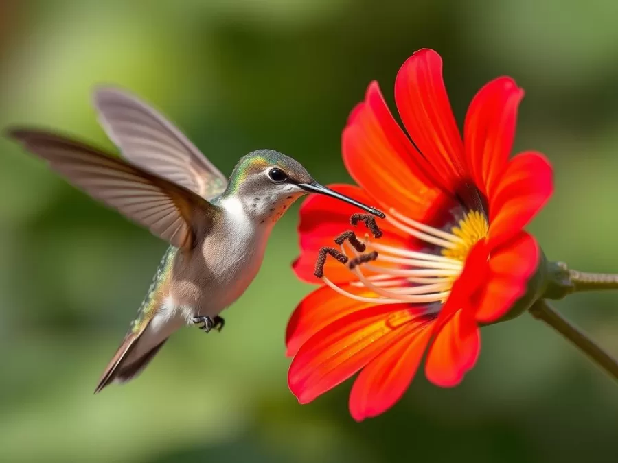 Bee hummingbird hovering near a flower, showcasing its tiny size and remarkable flying abilities