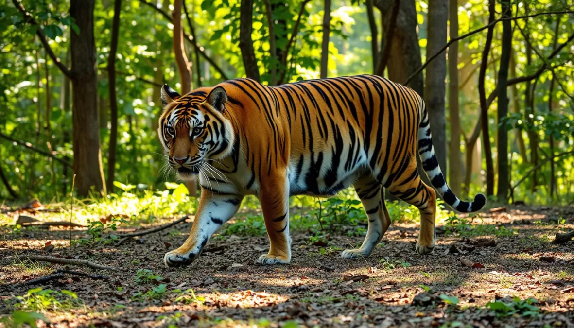 Bengal tiger in the diverse deciduous forest ecosystem of Bandipur National Park
