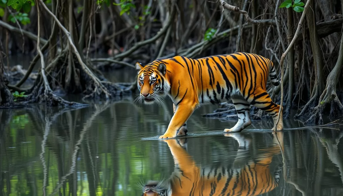 Bengal tiger walking through Sundarbans mangrove forest in India, apex predator in countries with richest wildlife biodiversity