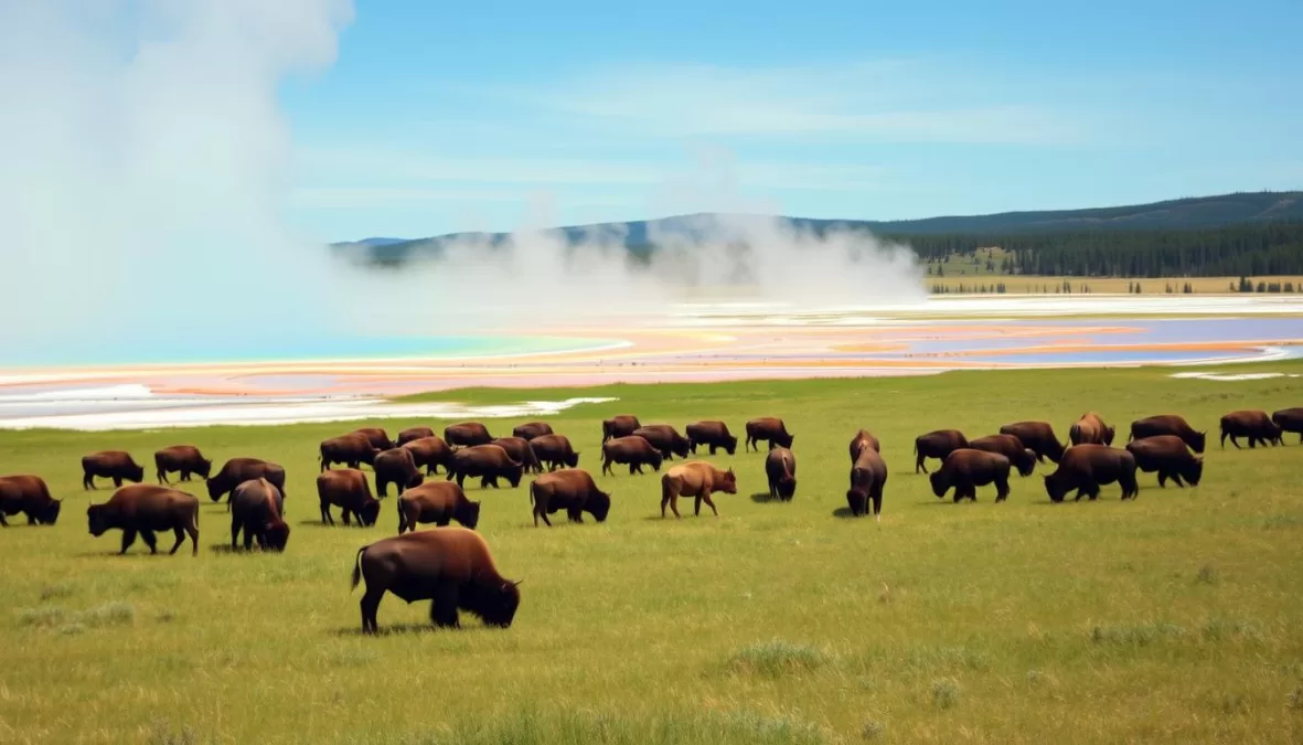 Bison herd roaming in Yellowstone National Park with geothermal features in the background showing the park's rich wildlife diversity