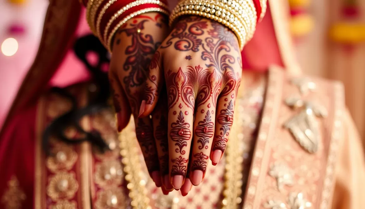 Bride with beautiful mehendi designs on hands while Mehendi Laga Ke Rakhna plays in background