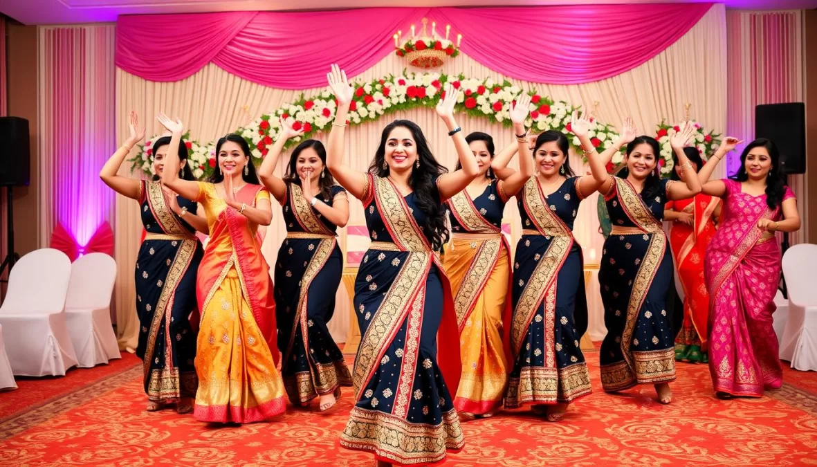 Bridesmaids performing choreographed dance to London Thumakda