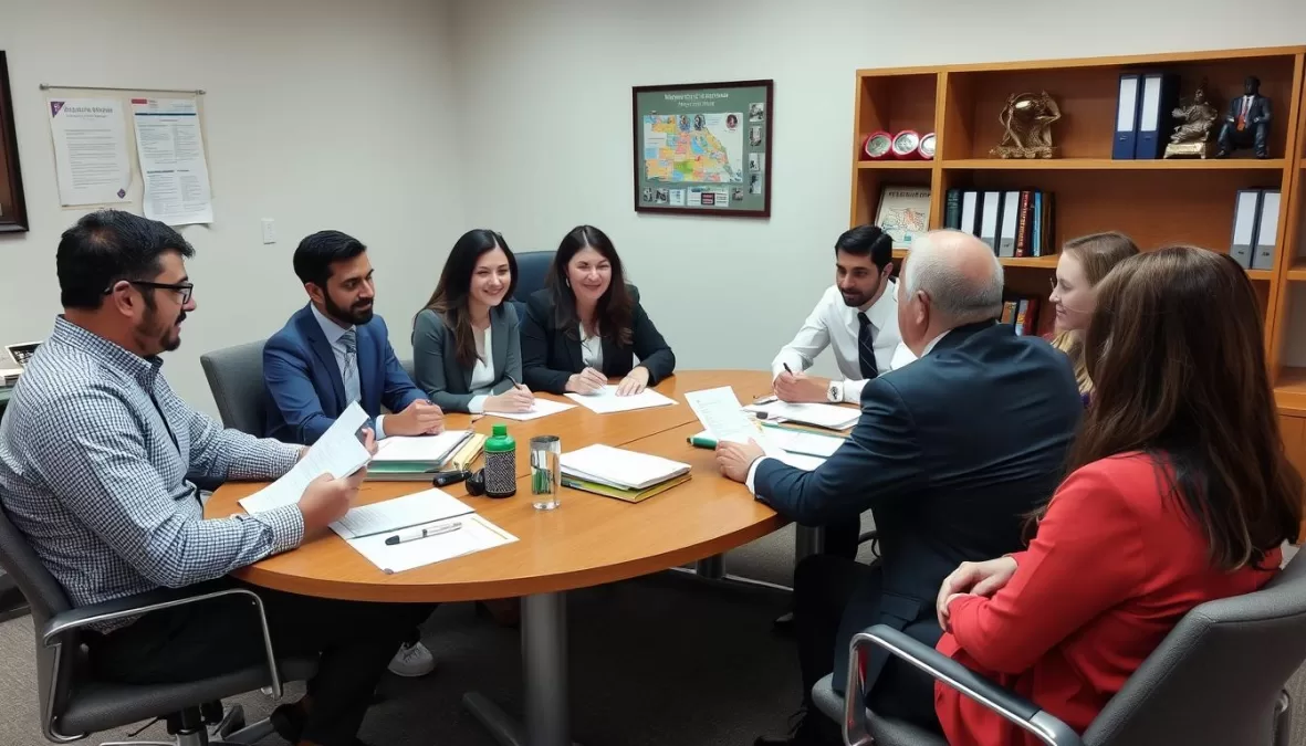 Business professionals reviewing H-1B visa strategy documents with immigration attorney