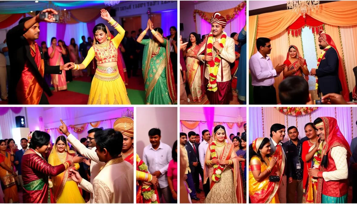 Collage of various wedding celebration moments with different Hindi songs