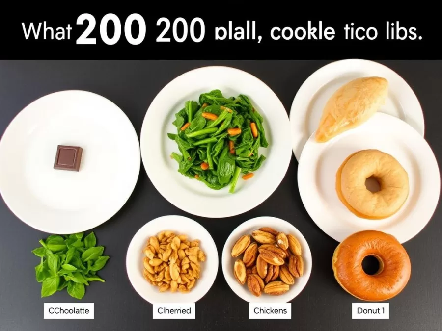 Comparison of 200 calories from different food sources showing varying volumes and nutrient density