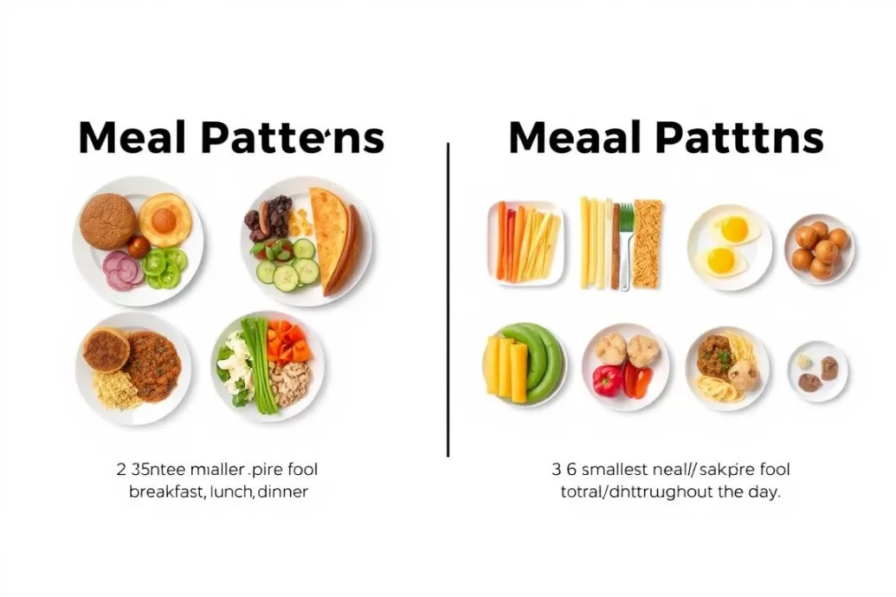 Comparison of different meal frequency patterns showing three larger meals versus six smaller meals with the same total food amount