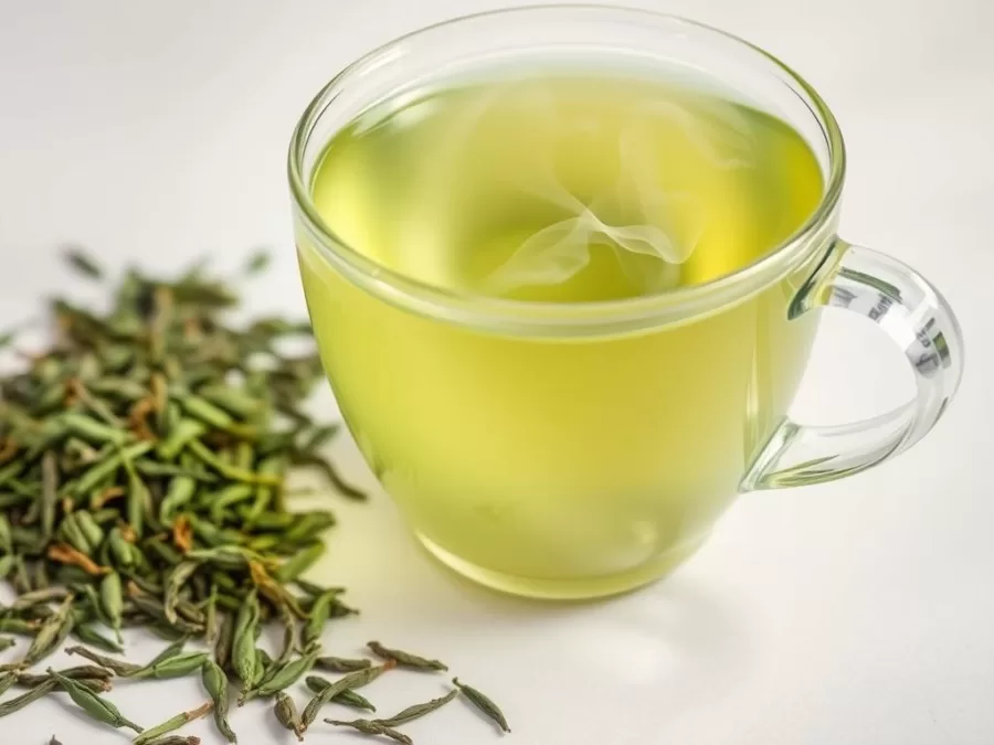 Cup of green tea with green tea leaves