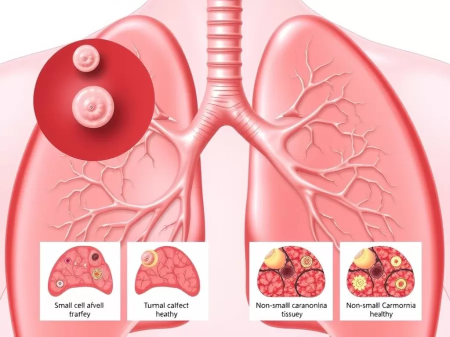 Diagram showing different types of lung cancer and affected areas